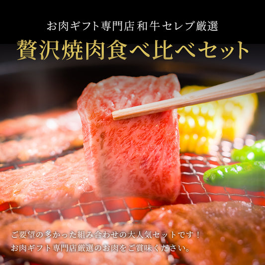 贅沢焼肉食べ比べセットのキービジュアル、炭火の焼き網の上で焼かれた和牛を箸でつかむアップに商品名テキストが重なる
