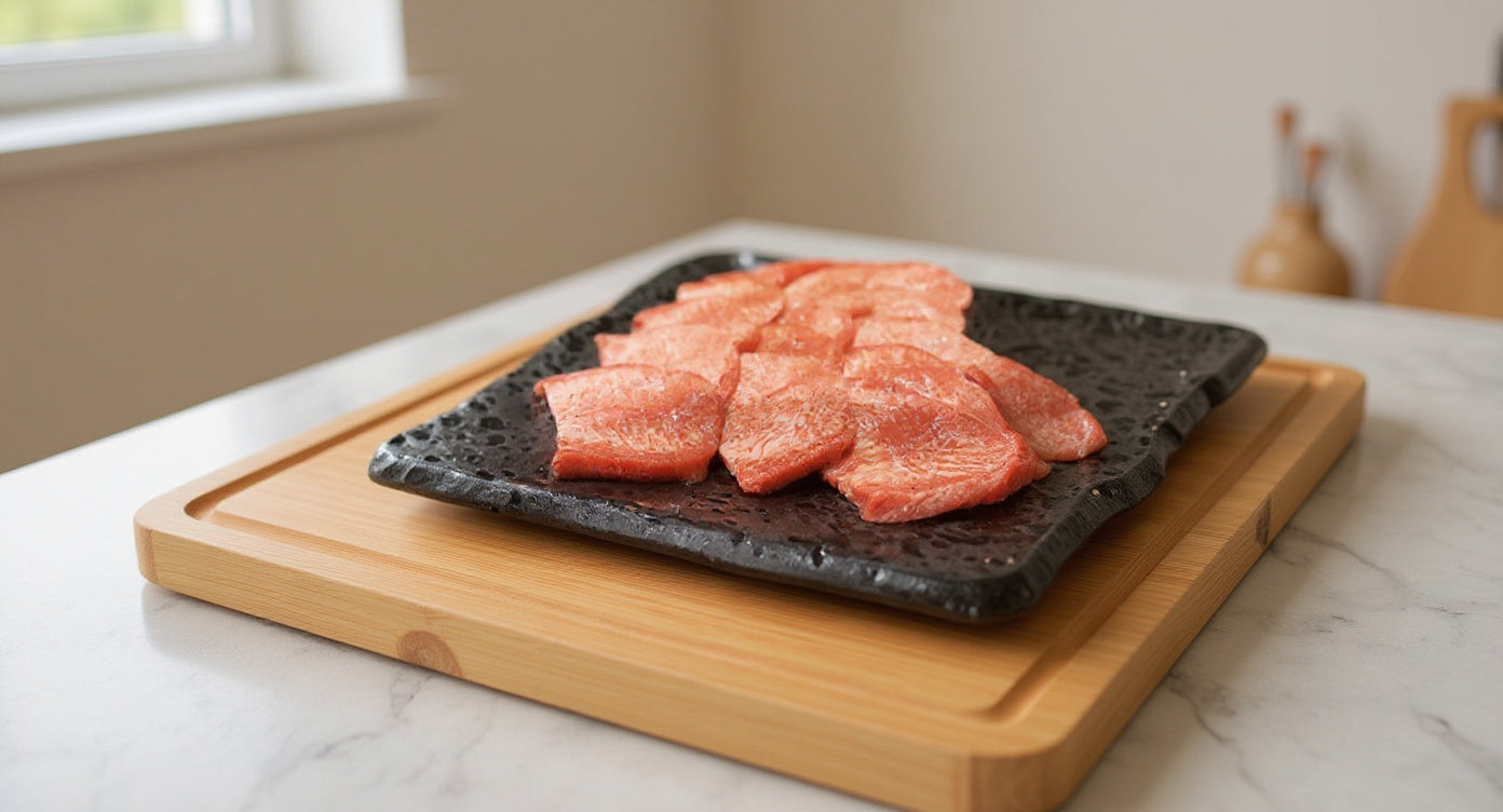 黒い角皿に盛りつけた牛タンのスライス。木のまな板に載せて明るい窓辺に置かれている