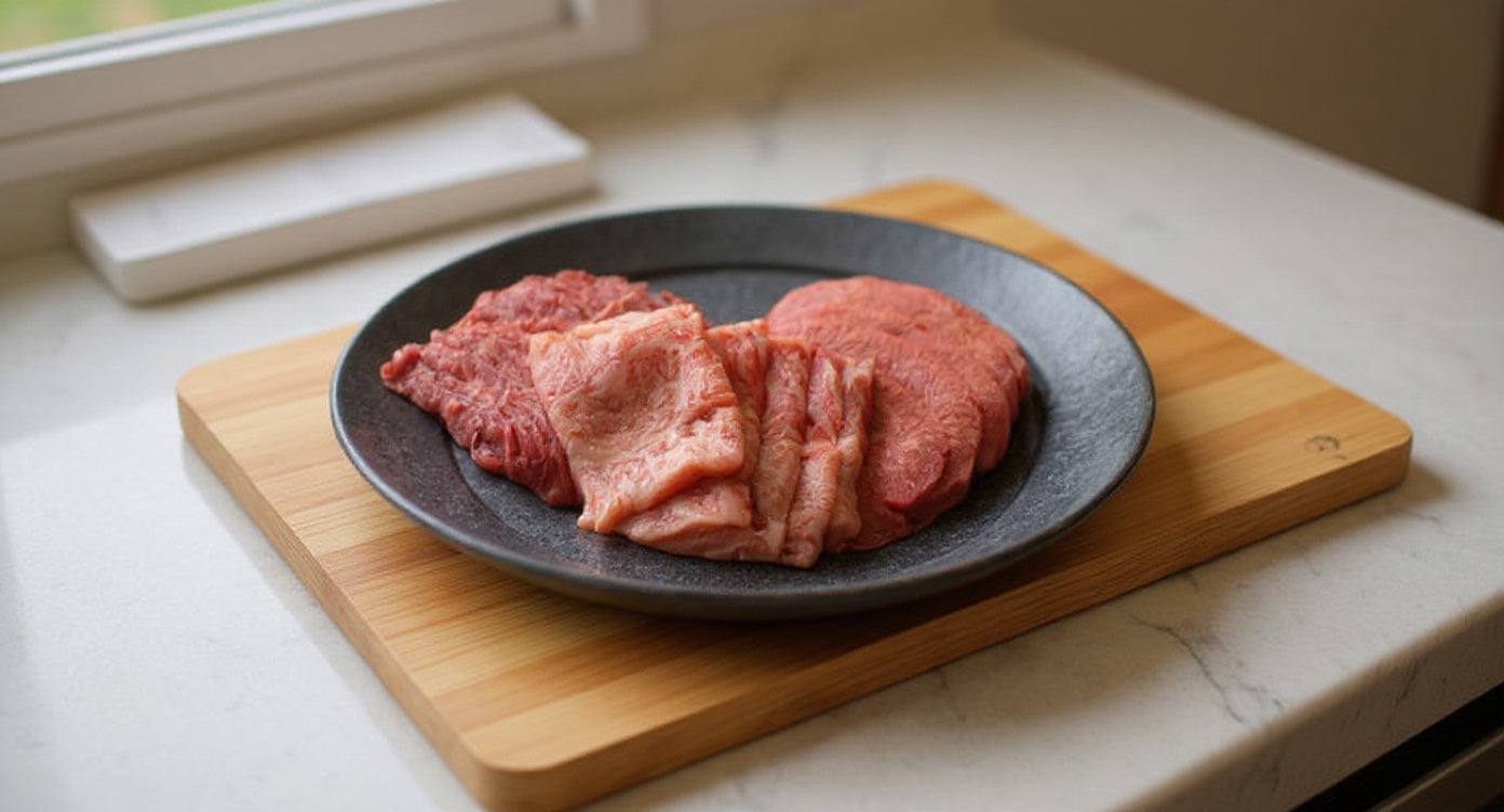 黒い皿に盛った牛タンのスライスと赤身肉。明るい窓辺の調理台に置かれている