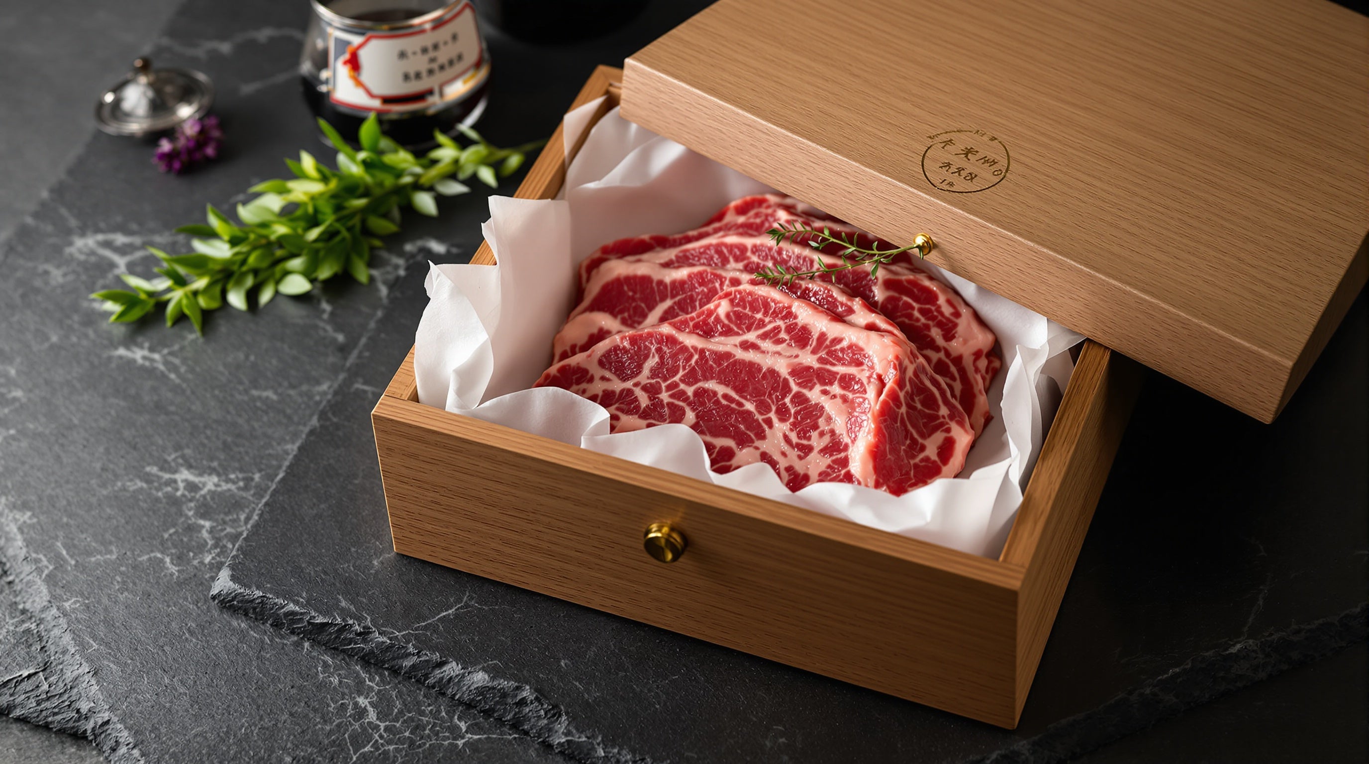 木製ギフトボックスの蓋を開けた状態で、白い包み紙の上に霜降りの和牛ステーキ肉が2枚並び、ハーブが添えられている