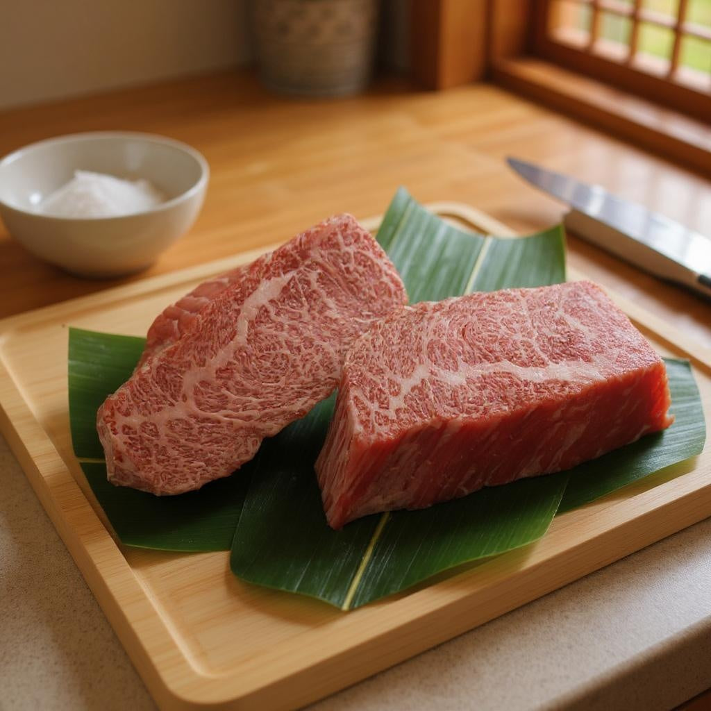 木製カッティングボードに笹の葉を敷き、美しい霜降りの和牛ブロック肉2切れが並んでいる。背後には小皿に塩が添えられ、窓から自然光が差し込む落ち着いた和の雰囲気