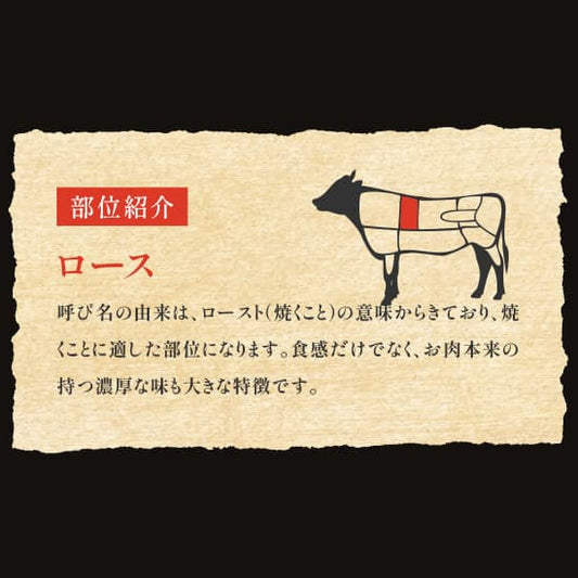 牛の部位図でロース部分を赤くハイライトし、ロースという名前の由来や焼き料理に適した特徴をわかりやすく解説している