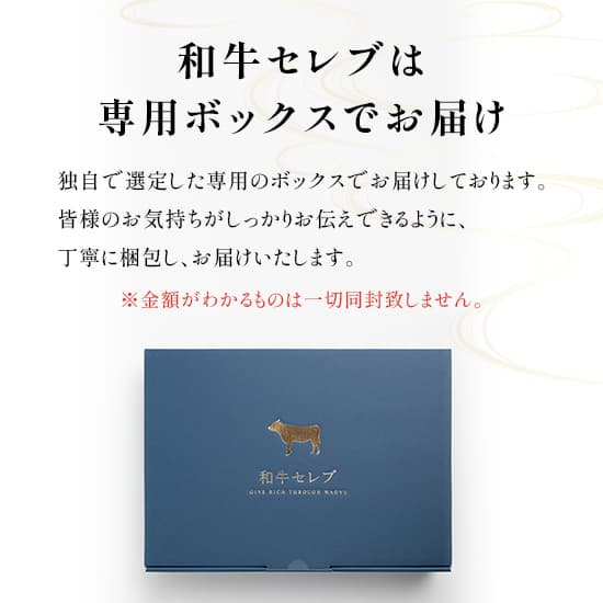ネイビーの専用ギフトボックスに和牛セレブのロゴが金色で箔押しされており丁寧な梱包でお届けすることを伝えるテキストが添えられている