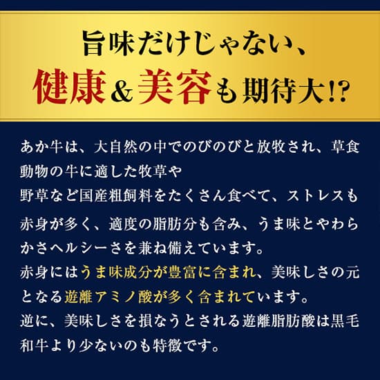 旨味だけでなく健康と美容にも期待できると訴求する金帯タイトルの下に、あか牛の赤身に含まれる遊離アミノ酸など栄養特性をネイビー地で解説したバナー