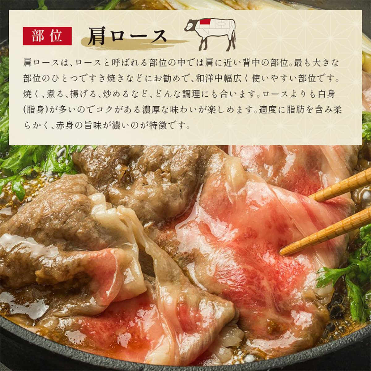 肩ロース部位の説明図とともに、すき焼き鍋で煮えた肩ロース薄切りを箸でつかんでいる調理シーン