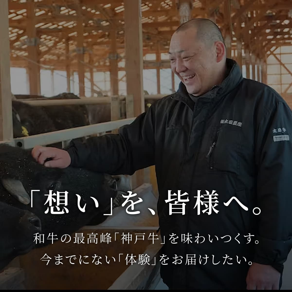 黒毛和牛の畜舎で笑顔の生産者が牛に語りかけるように触れ、想いを皆様へというテキストが添えられた生産現場