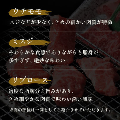 焼き網の上で焼かれる和牛の焼肉とともに、ウチモモ・ミスジ・リブロースの3部位それぞれの肉質と味わいの特徴が金色のテキストで解説されている