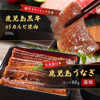 鹿児島うなぎカット済 蒲焼80g＋鹿児島黒牛 A5カルビ焼肉200g