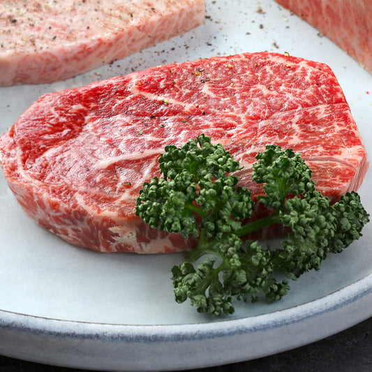 飛騨牛ミスジステーキの生肉アップ 白いプレートに乗ったきめ細やかなサシが全体に広がる鮮やかな赤身とケールの盛り付け