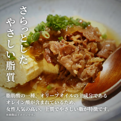 能登牛切り落としを豆腐の上に乗せた肉豆腐が皿に盛られ、オレイン酸を含む上質でさらっとした脂質という特徴が文字とともに表されている