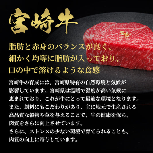 宮崎牛の特徴を紹介するテキストと、霜降りのステーキ肉のアップ。脂と赤身のバランスの良さを伝える商品説明ビジュアル